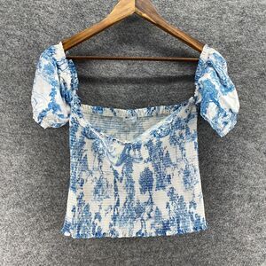 Ganni Bini Top Women M Medium White Floral Square Neck Short Sleeve Cotton